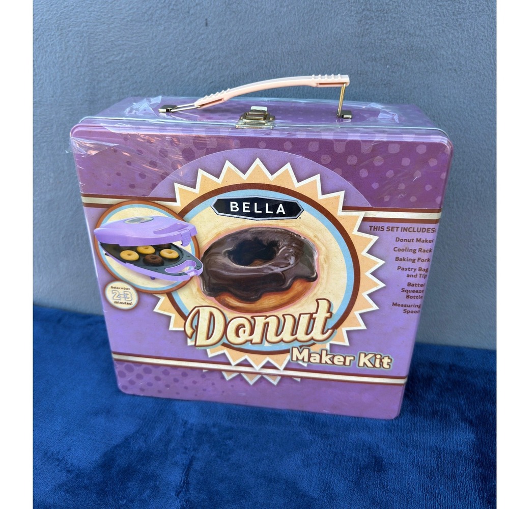Bella Donut Maker Kit Purple Electric Mini Donut Baker Tin Case Complete Set